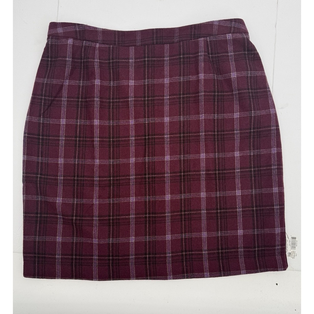 Jessica London Women 20 Plaid Wool Blend Skirt Elastic Waist Burgundy Midi ALine